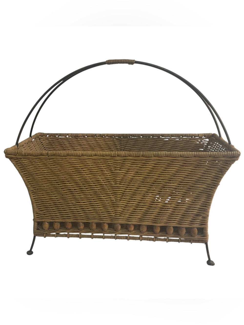 Vintage MCM Scandinavian Rattan Wicker Wrought Iron Magazine Rack Basket